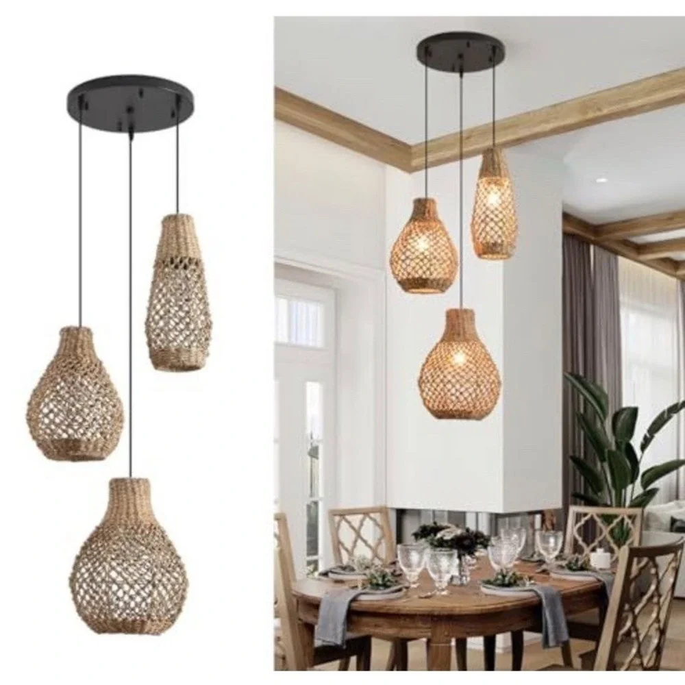 (21) 3-Lights Hand Woven Rattan Pendant Light, Rustic Ceiling Hanging Wicker